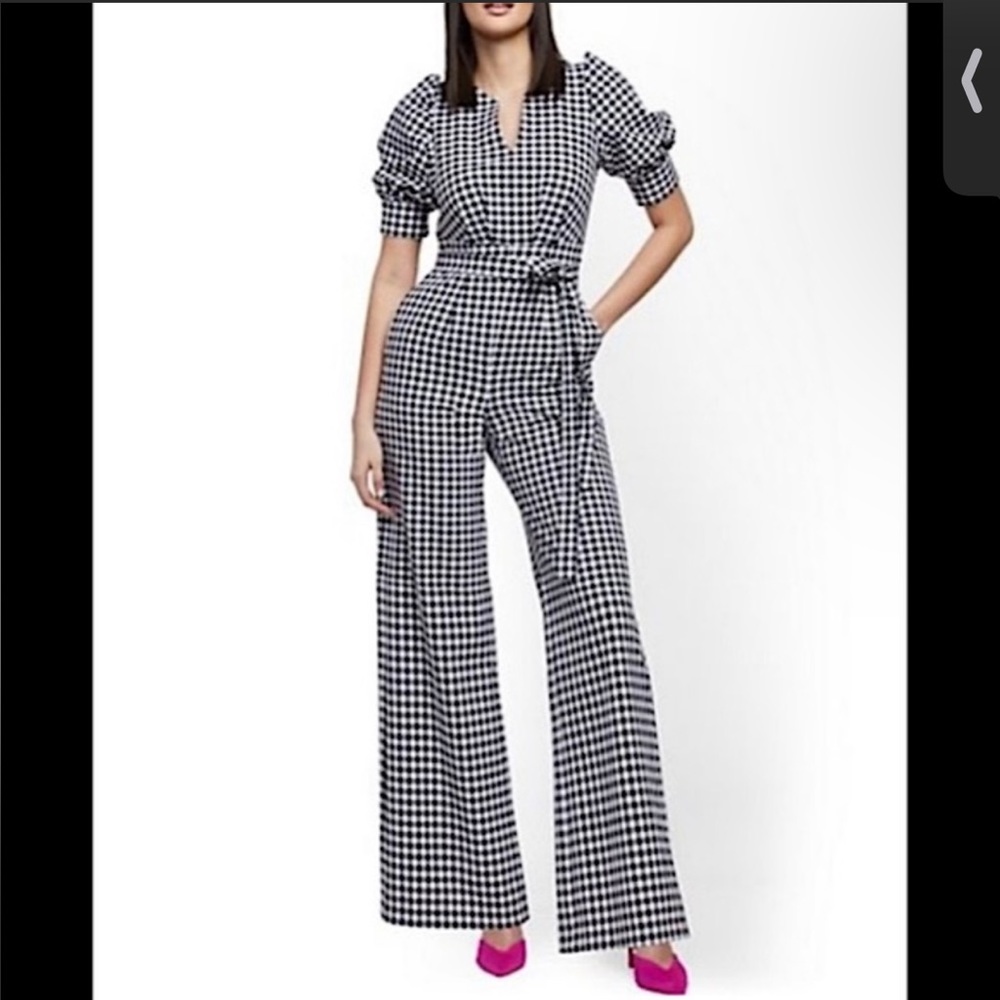NY&CO Gingham Wide Leg Jumpsuit Romper Black White Checker Large